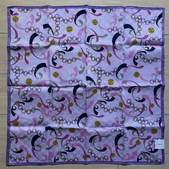 New Vintage CELINE Handkerchief Scarf Pocket Square Charms Macadam Logo Purple - Picture 4 of 4